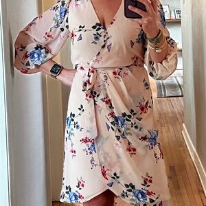 Floral Faux Wrap Dress in light Pink with Blue and Hot Pink Floral